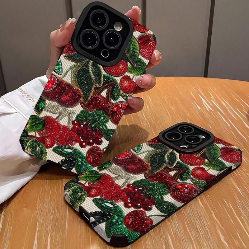 Cherry Beads Pattern Phone Case, 3D Shockproof Phone Protective Cover, Phone Accessories Compatible with iPhone 11 12 13 14 15 16 Pro Max Pro Plus