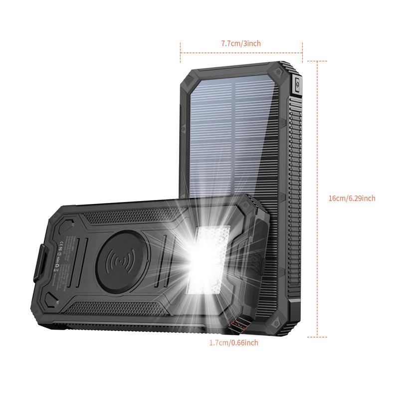 20000mAh Wireless Solar Powered Phone Charger, Waterproof Power Bank with Dual USB Port, Power Bank with LED Flashlight for iPhone Smartphones Tablet