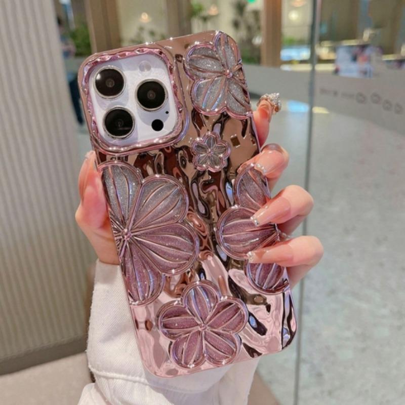 Glitter Decor Flower Design Electroplating Phone Case, Shockproof Phone Protective Cover, Fashion Phone Accessories for iPhone 11 12 13 14 15 Series