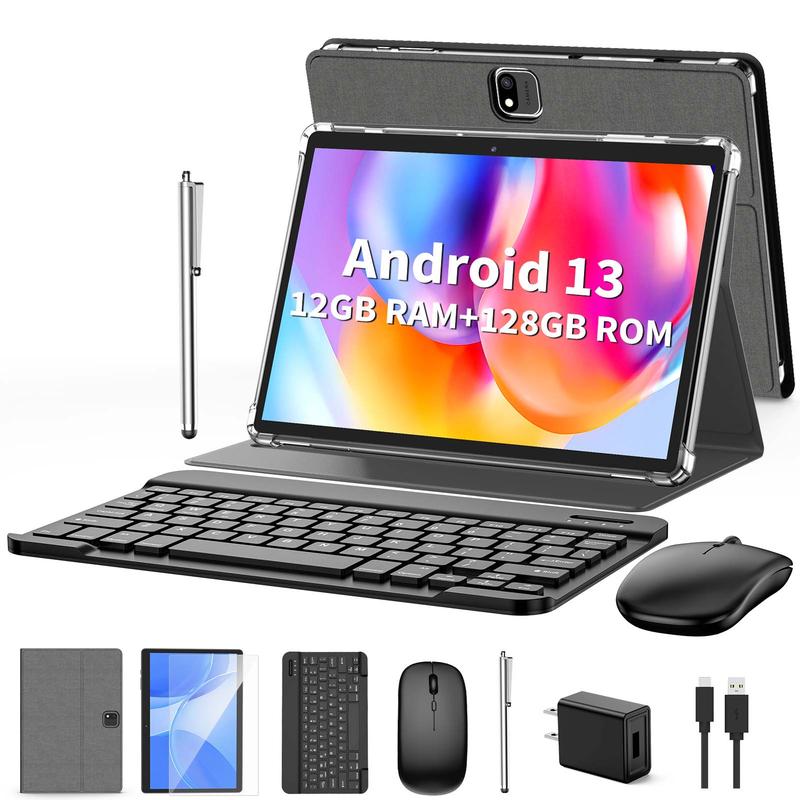 Relndoo Android 13 Tablet with 12(6+6)GB RAM+128GB ROM, and 1TB Expandable, 8 in 1 Tablet with Keyboard, Case, Mouse, Stylus, 10.1 inches, 6000mAh Battery, 2.4G 5G WiFi