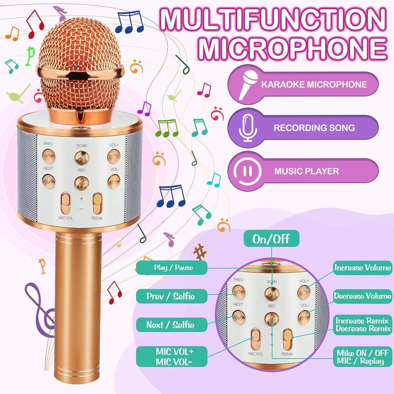 Wireless BT Karaoke Microphone, 5-in-1 Portable Handheld Karaoke Mic Speaker Player Recorder with Adjustable Remix, Portable Microphone for Boys & Girls