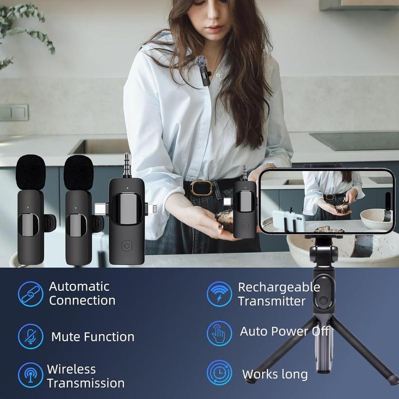 3-in-1 Wireless Audio Microphone, 1 Set Rechargeable Mini USB C Microphone, 2.4G Low Delay Microphone for Video Recording, Vlog, Interview