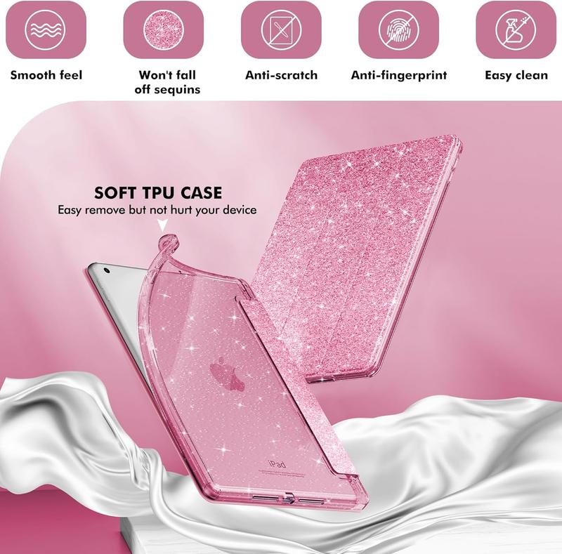 for iPad 9th Generation 2021  iPad 8th Generation 2020  iPad 7th Generation 2019 Case 10.2 inch, Glitter Cover with Clear , Pencil Holder for  Girls, Pink