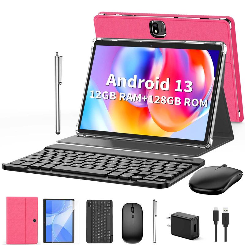 Relndoo Android 13 Tablet with 12(6+6)GB RAM+128GB ROM, and 1TB Expandable, 8 in 1 Tablet with Keyboard, Case, Mouse, Stylus, 10.1 inches, 6000mAh Battery, 2.4G 5G WiFi