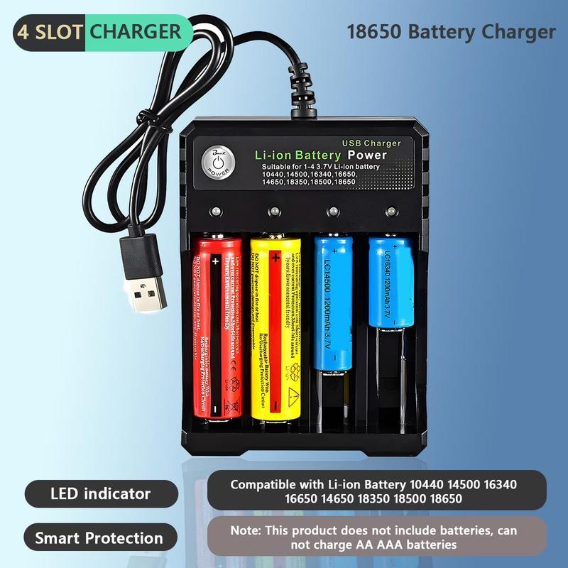 4-slot Battery Charger, USB Powered Battery Chargers, Independent Charging Battery Charger for 10440 14500 14650 16340 16650 18350 18500 18650 Battery