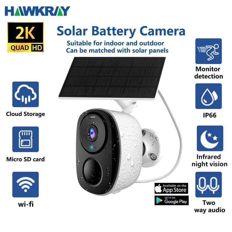 Hawkray Solar CCTV Camera wireless IP Indoor Outdoor Wifi HD 2K Resolution Home Security Surveillance Video Night Version Cam 3MP Two Way Audio White IR Dual Light Support Monitor