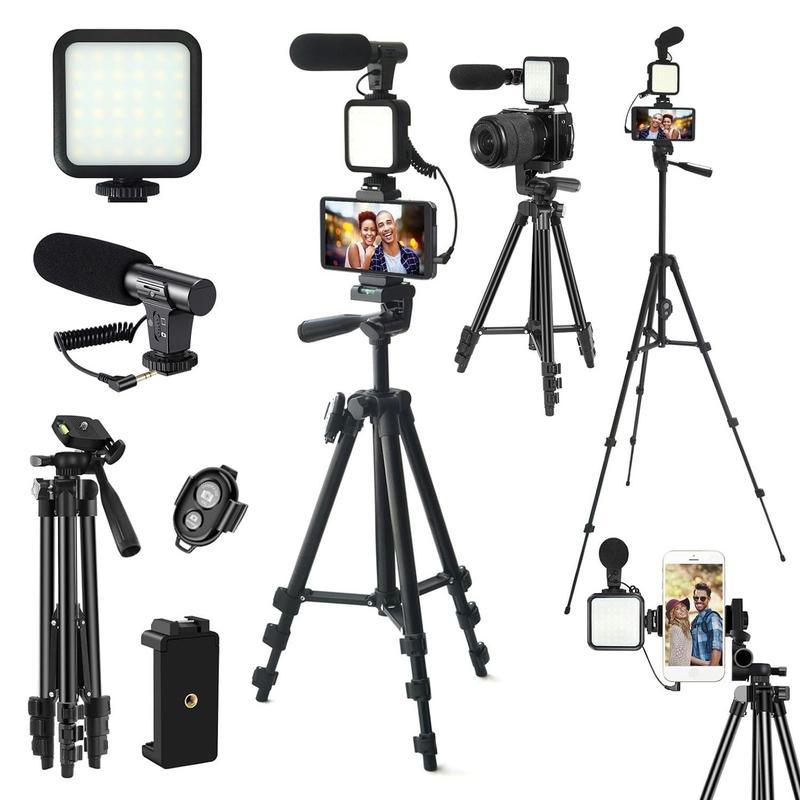 Vlog shooting kit for Android phones, 1 set of Cellphone and camera Vlogging kit, including LED fill light, adjustable selfie stick tripod and microphone, smartphone accessories, travel selfie tools in 2025, start your TK video live broadcast life