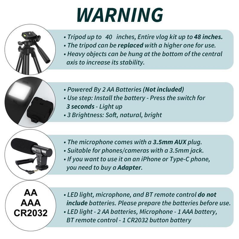 Vlog shooting kit for Android phones, 1 set of Cellphone and camera Vlogging kit, including LED fill light, adjustable selfie stick tripod and microphone, smartphone accessories, travel selfie tools in 2025, start your TK video live broadcast life