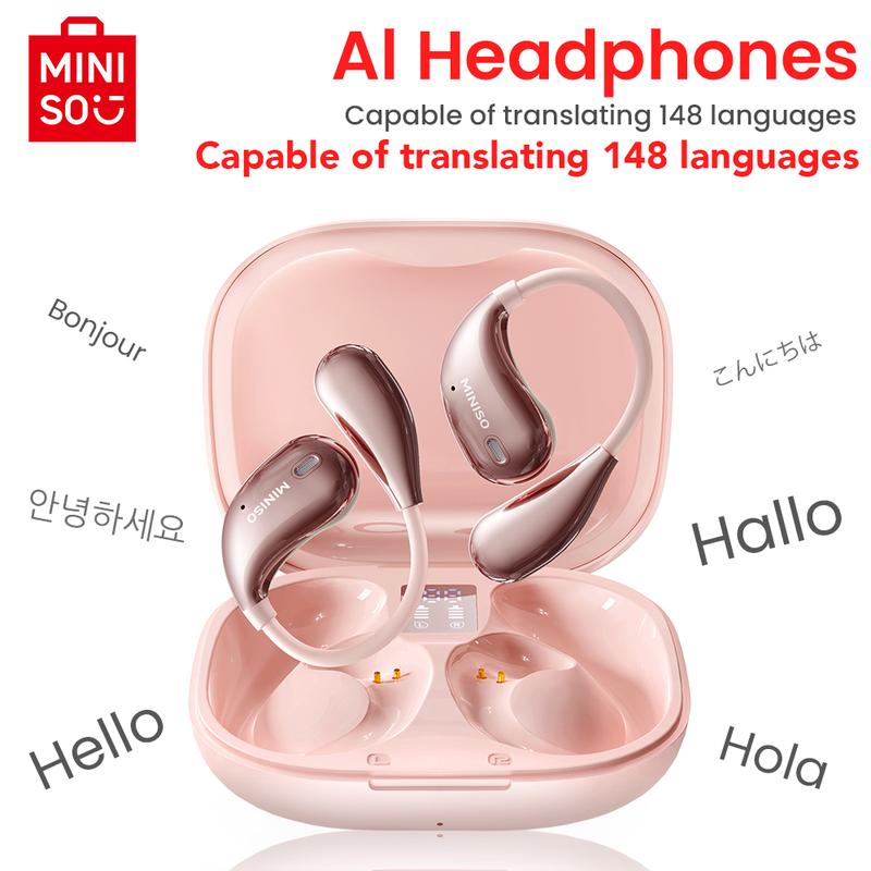 MINISO X33 AI Translation Wireless Earbuds Open Ear Earbuds Bluetooth 5.4, IPX5 Waterproof,35Hrs Playtime,On Ear Headphones Immersive Premium Sound Long Distance Connection Headset with Charging Case,Light-Weight Headphones Built-in Microphone