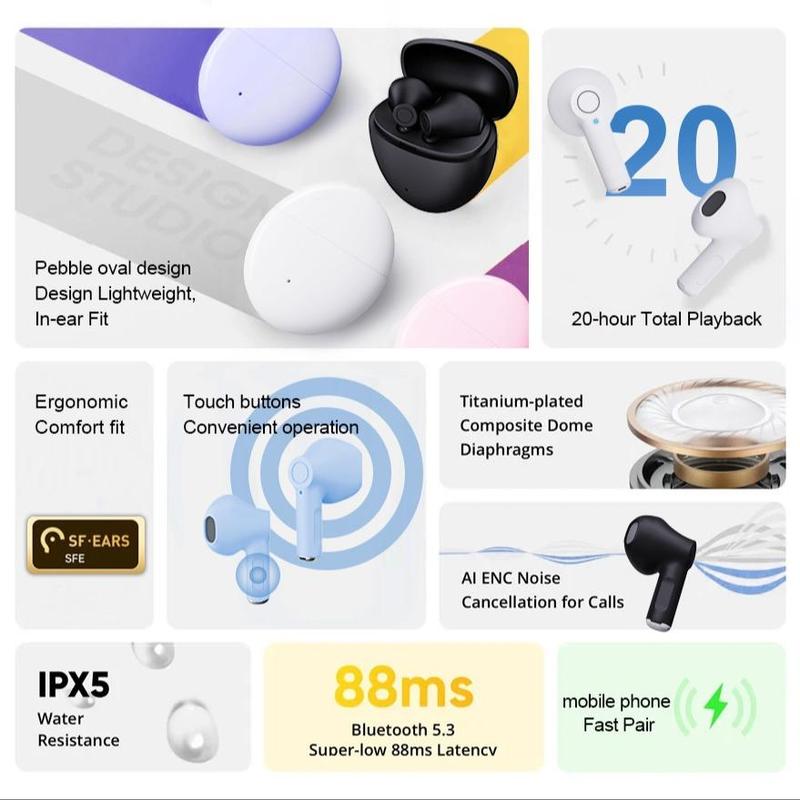 CENYAY H5 Max Wireless Earphone, TWS Bluetooth-compatible Earbuds with Microphone, Sweat-proof Touch Control Earphone for Running & Gym