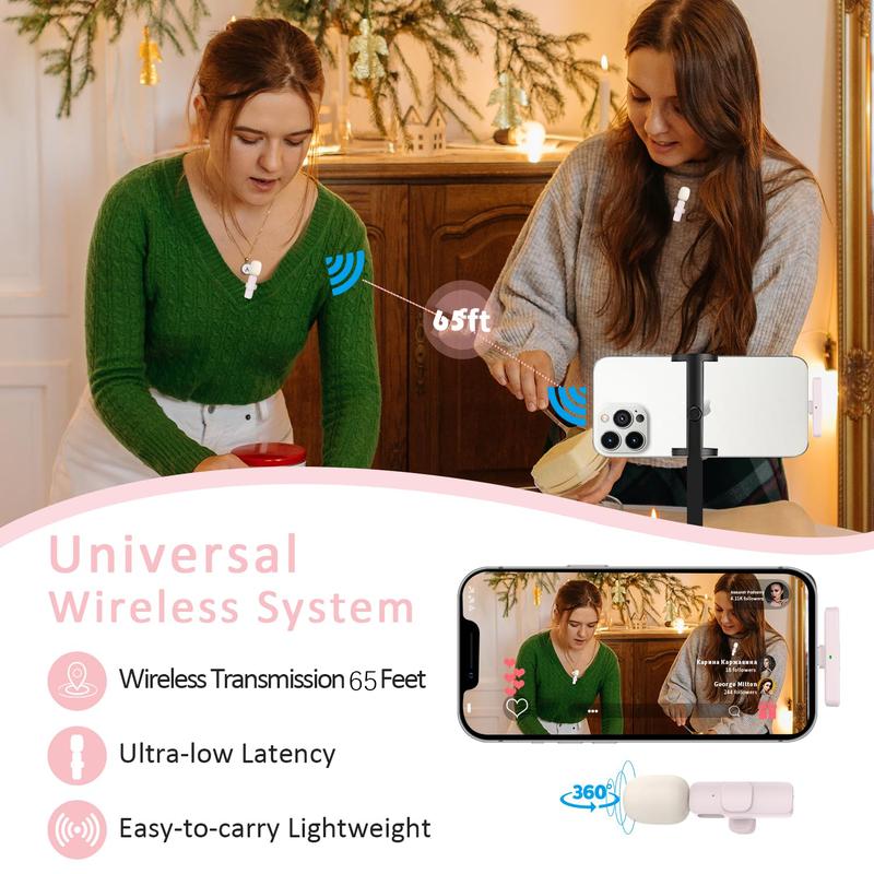 2 pcs Wireless Lavalier Microphones for iPhone, Android, iPad - Mini Wireless Clip-on Microphones Crystal Clear Sound Quality for Recording, Live Streaming,Vlog Audio Lightning Usb Port Smartphone