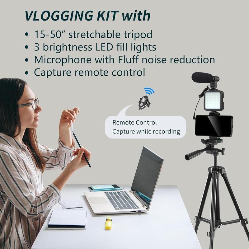 Vlog shooting kit for Android phones, 1 set of Cellphone and camera Vlogging kit, including LED fill light, adjustable selfie stick tripod and microphone, smartphone accessories, travel selfie tools in 2025, start your TK video live broadcast life