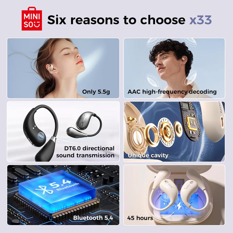 MINISO X33 AI Translation Wireless Earbuds Open Ear Earbuds Bluetooth 5.4, IPX5 Waterproof,35Hrs Playtime,On Ear Headphones Immersive Premium Sound Long Distance Connection Headset with Charging Case,Light-Weight Headphones Built-in Microphone