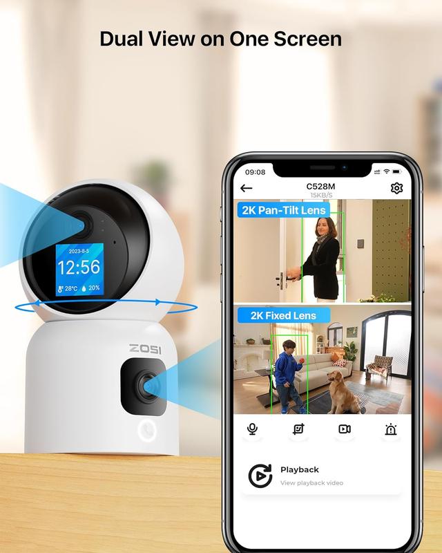 ZOSI 2K Dual-Lens Indoor Security Camera, Two-Way Video, Gesture One-Touch Calling, Human Motion Tracking, C528M 360° Views Pan Tilt Home Baby Pet Dog Monitor, 2.4G 5G Dual-Band WiFi, Plug-in motion detection