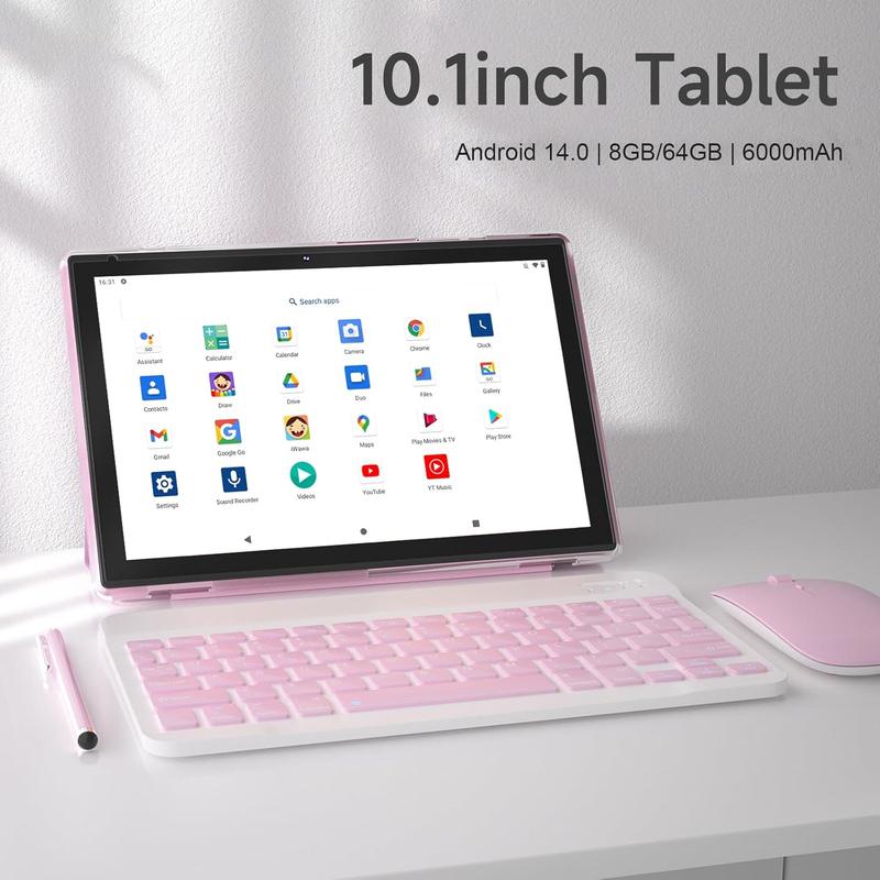 10 inch Android 14 Tablet with Keyboard, 2 in 1 Tablets Set Include Case  Stylus, 8GB RAM+64GB ROM, Quad Core 10.1'' Tab, 6000mAh , 8MP Dual Camera,  GMS Certification Tableta