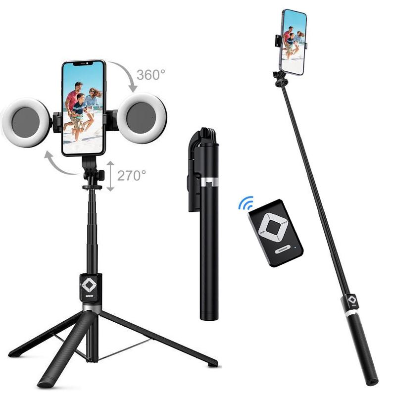 Imoli Beauty Dual Fill Light Selfie Stick Tripod with Wireless Bluetooth Remote Control, 6-in-1 Retractable Travel Accessories for iPhone and Android Phones - Mobile Cellphone Smartphone Stand