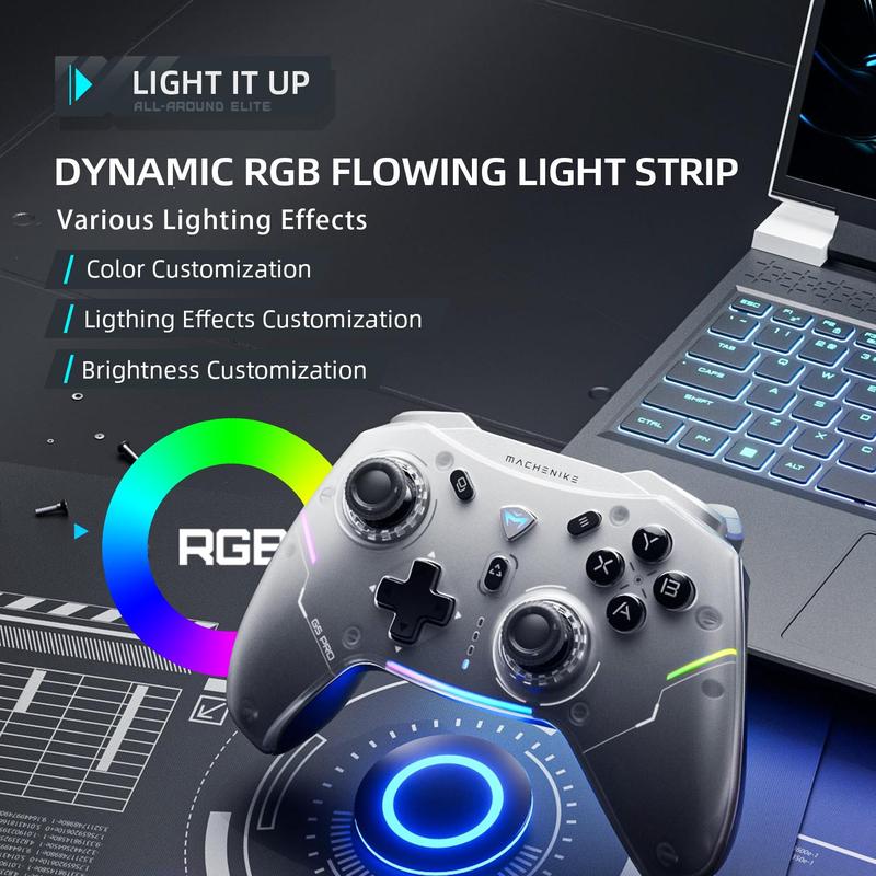 Machenike G5 Pro Wireless Gamepad Controller with RGB Light, 1 Count Durable Portable Hall Linear Trigger Mechanical Button Gamepad Controller, Tri-mode Connection Gamepad Controller for PC Steam Switch PC Tablet Smart TV, Stocking Fillers Gift