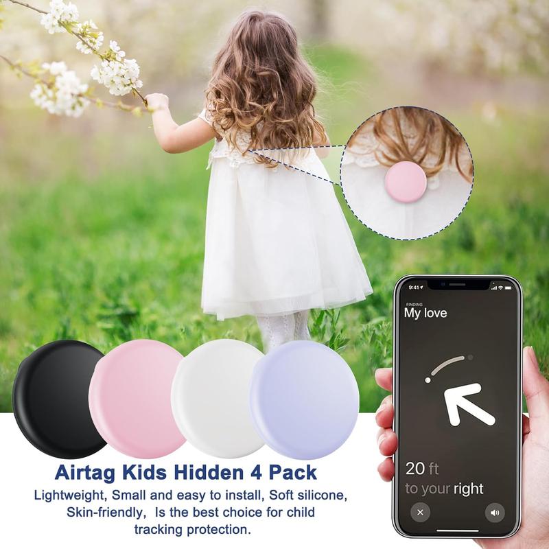 Air Tags-4 Pack Apple Kids Hidden Case, Airtag Tracker for Kids, AirTag Hidden Kids Holder with Invisible Pin, Anti Lost, for Kids, Elderly, Luggage, Clothing (Black White Pink Purple)