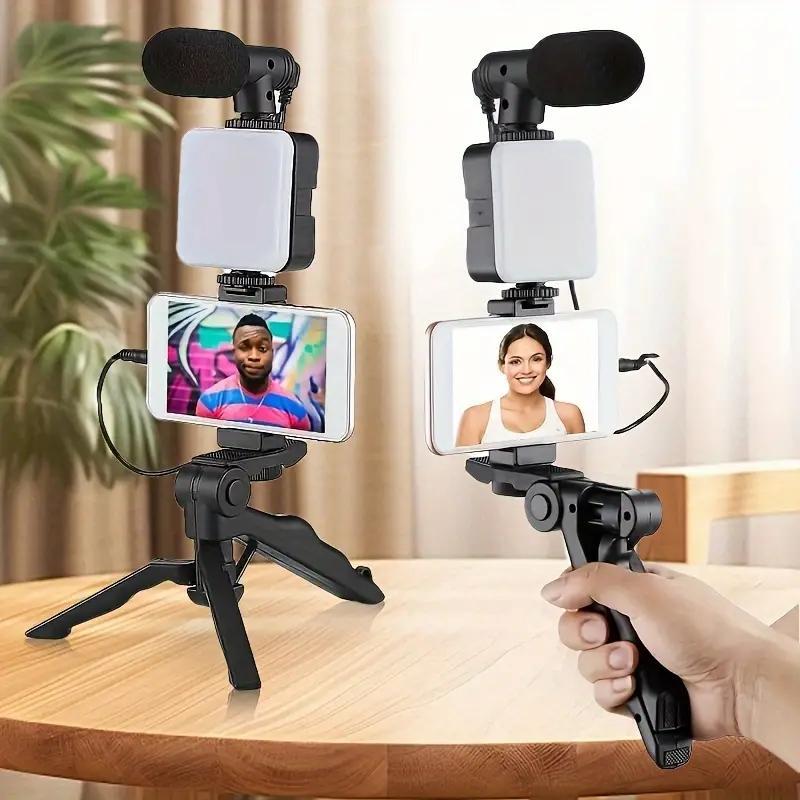 5 in 1 Phone Stand Stabilizer with LED Fill Light, Portable Smartphone Tripod for Live Streaming, Folding Tripod Stand for Selfie, Phone Tripod