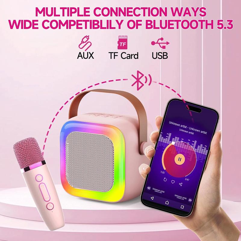 Mini Karaoke Machine for Kids Teen Adults, Kids Karaoke Machine with 2 Wireless Microphones and LED Lights Toys for Christmas Birthday Party, Home, Gifts for 4 5 6 7 8 9 10 11 12+ Years Girls Boys Mini Bluetooth Audio Smartphone