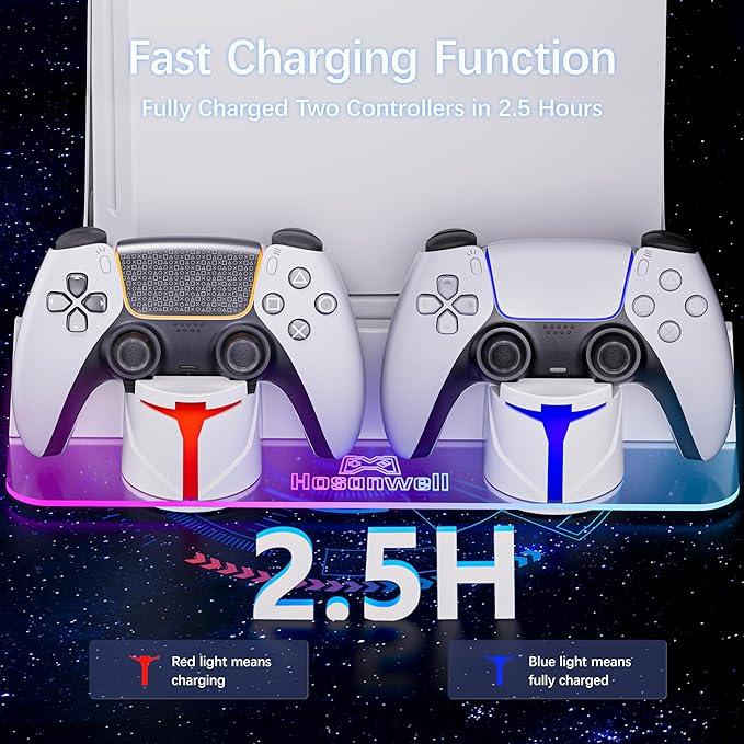 PS5 Wall Mount Kit with Charging Station, Compatible with PS5 pro and Slim Disc, PS5 Digital Edition&Normal version, Dual Purpose Charging Station with Multi-Mode RGB Light,playstation5 Stand Smartphone Controllers game stick ps5 retro game console