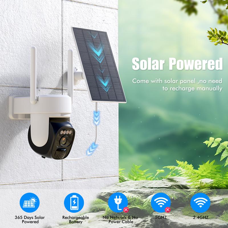 Solar Outdoor Wireless Surveillance Camera, 2K 360° Panoramic Tilt Low-Power WiFi Surveillance Camera, CCTV 2.4G WiFi, AI motion detection PTZ, color night vision, two-way audio,  cctvcamera wireless securitycamera Installation Waterproof