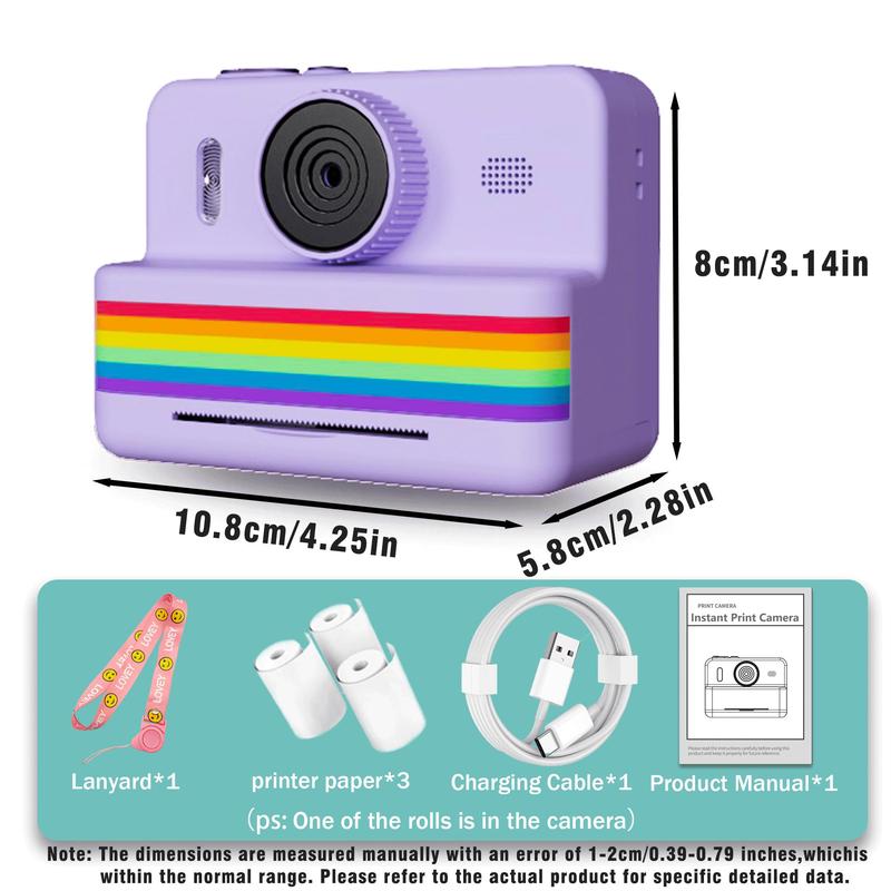 Instant Camera with 3 Print Paper, 2.8 Inch LCD Screen Digital Camera, Rechargeable 1080P Camera, Birthday Gift for Boys & Girls