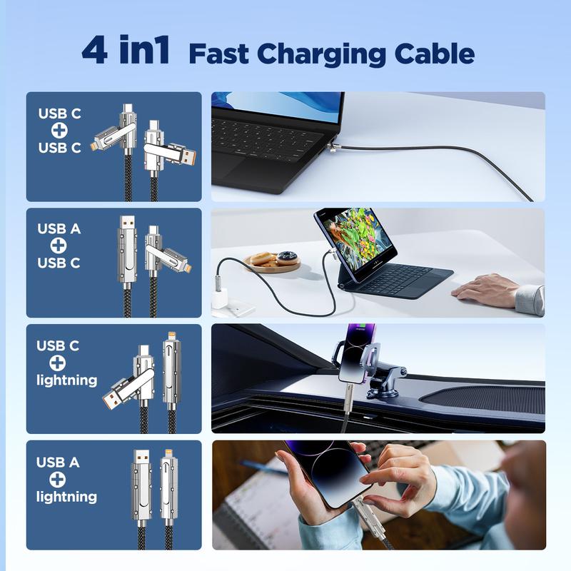 Aioneus 1 Piece 4-in-1 Multi Fast Charging Cable PD 60W USB C to USB C Cable 3FT Combo Lightning Type C USB A Ports for iPhone 15 14 13 12,MacBook Pro 2023 iPad Mini 6 Pro,Samsung Galaxy S23 S22 S21 S20