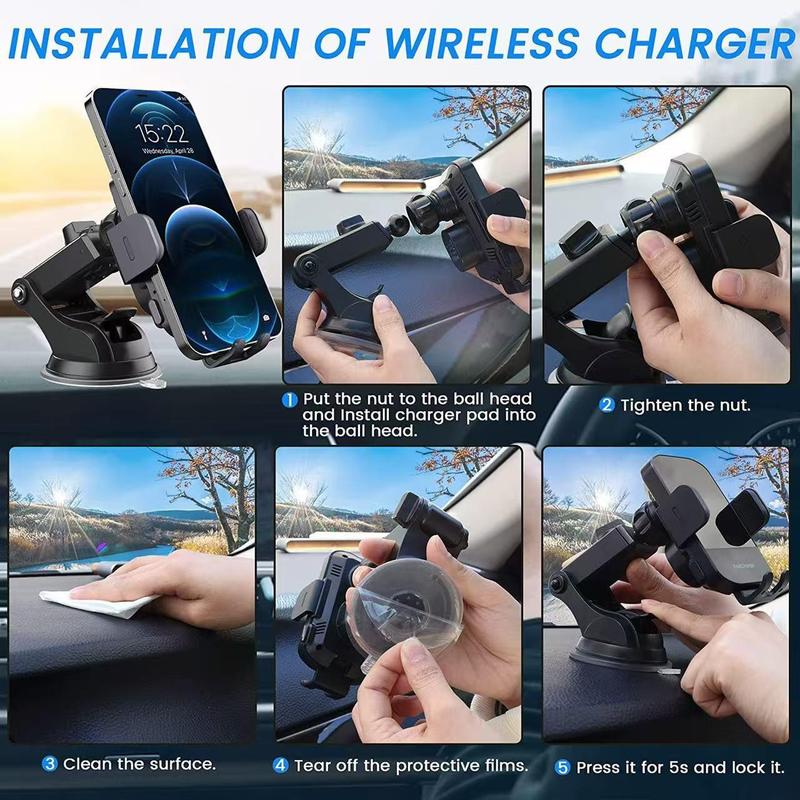 Wireless Car Fast Charger, 15W Fast Charging Stand, Automatic Clamping 360 Degree Adjustable Phone Holder, Suitable for iPhone Samsung Smartphone