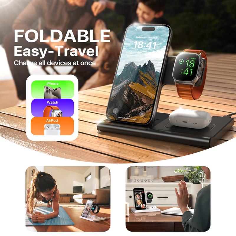 EXW [2024] Upgraded foldable 3 in 1 Charging Station for Apple Devices 15W Wireless Charger Stand for iPhone 16 15 14 13 12 11 Pro Max XR XS 8,Apple Watch and AirPods(18W Adapter Not Included) magnetic phone