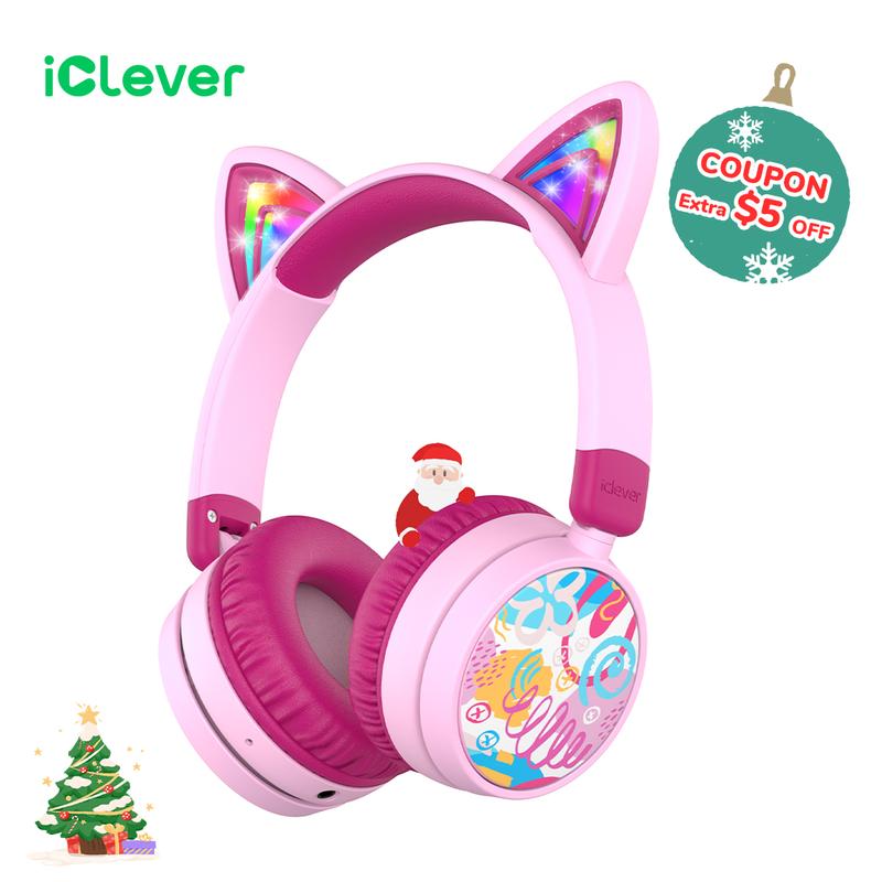 iClever BTH21 Cat Ear Light Up Bluetooth Headphones, Safe Volume 74 85dBA, 60H Playtime , Bluetooth 5.3, Wireless Headphones for Gift School Travel i clever