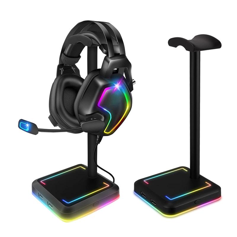 Headphone Stand, RGB Gaming Headset Holder with 2 USB Charger Ports & 10 Lighting Modes for Desktop PC Game Earphone Accessories