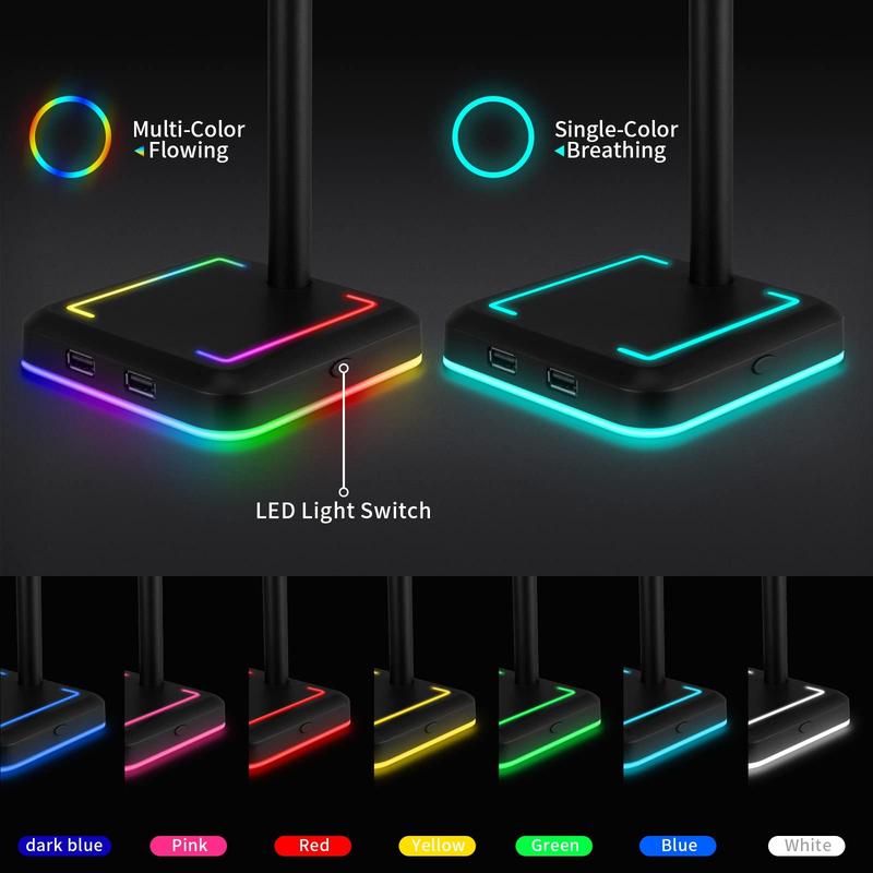 Headphone Stand, RGB Gaming Headset Holder with 2 USB Charger Ports & 10 Lighting Modes for Desktop PC Game Earphone Accessories