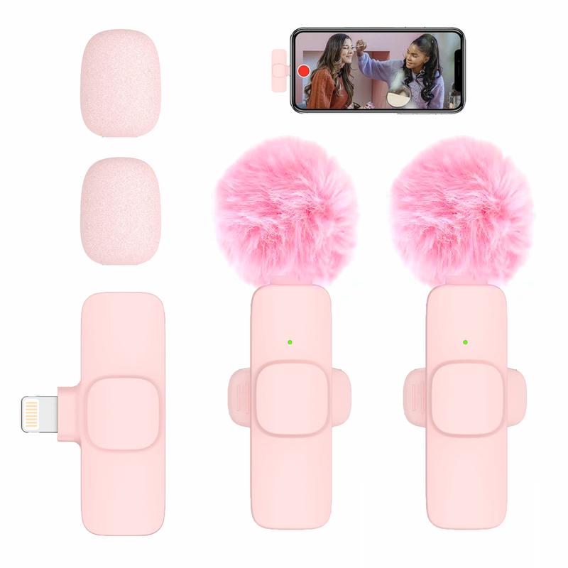 2 pieces Professional Wireless Lavalier Lapel Microphone for iPhone, Android, iPad - Cordless Omnidirectional Condenser Recording Mic for Interview Video Podcast Vlog (pink) Audio Smartphone Wireless Microphone