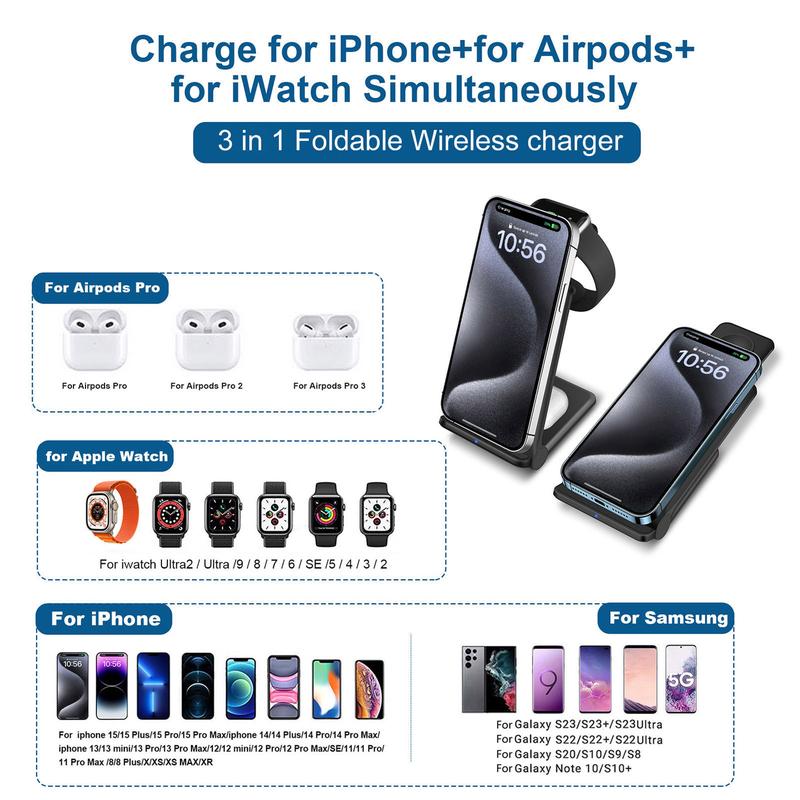 FDGAO 3 in 1 Fast Wireless Charger Station for iPhone, Foldable Travel Charger Stand Pad for iPhone 16 15 14 13 12 Pro Max,Apple Watch ,Airpods