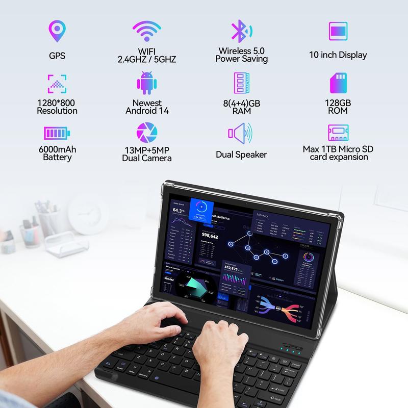 Tablet 10 inch Android 14 Tablet,8GB RAM 128GB ROM,5G WiFi,Octa-Core,13MP+8MP Dual Camera,GPS,Bluetooth,1TB Expand,1920x1200 IPS Screen,7000mAh,Face Unclock,Split Screen,Tablet with Keyboard 2025 tablet Black Friday Deal  Christmas gift  tablet on sale