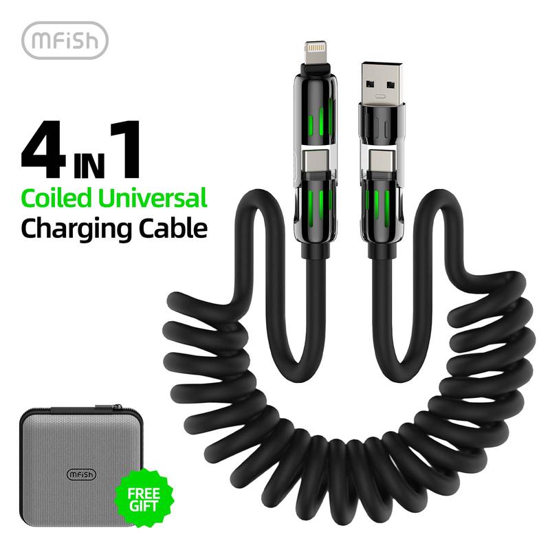 MFish 4-in-1 Coiled Universal USB Charger Cable ️-240W Fast Charging & Data Sync for iPhone 16 15, iPad Pro, Samsung & Laptops Smartphone Cellphone