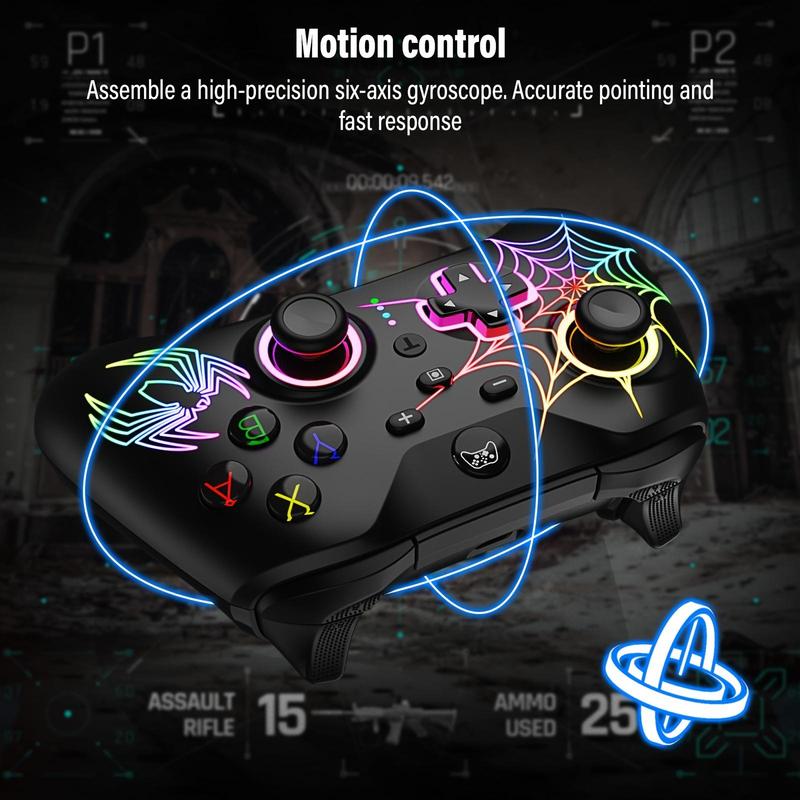 Spider Pattern Wireless Gaming Controller, 9 RGB LED Lights Gamepad, Ergonomic Design Controllers for Multiple Devices, Console Accessories