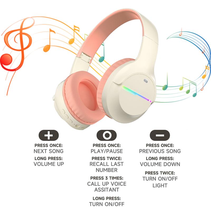 Wireless Headphones for Fall, Bluetooth Headphones with Colorful LED Lights, Kids Foldable Over Ear Headphones with Built-in Microphone, 60H Playtime