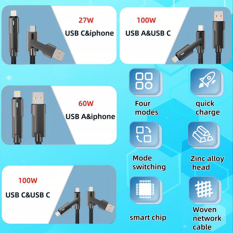 4 In 1 Nylon Braided Fast Charging Cable, 1.2M Rotatable Switching Joint Data Cable, Multifunctional Phone Charging Cable For Home & Office