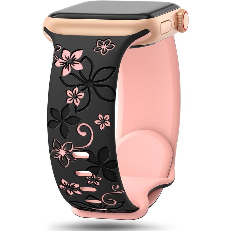 Floral engraved bands compatible with Apple Watch band 41mm 40mm 44mm 45mm 42mm 38mm 49mm 46mm for women, cute flower iWatch bands soft silicone sport strap for iWatch series se 10 9 8 7 6 5 4 3 Ultra