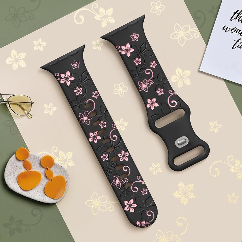 Floral engraved bands compatible with Apple Watch band 41mm 40mm 44mm 45mm 42mm 38mm 49mm 46mm for women, cute flower iWatch bands soft silicone sport strap for iWatch series se 10 9 8 7 6 5 4 3 Ultra