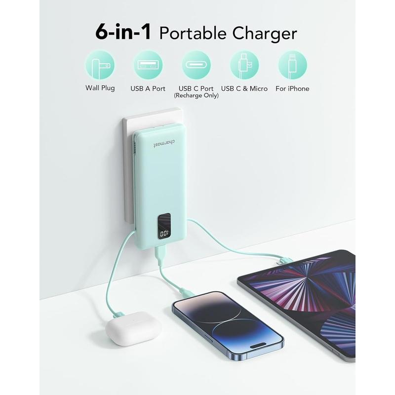 Charmast Portable Charger with Built-in Cables and Plug, 10000mAh USB C Power Bank Fast Charging 15W, External Battery Pack Slim, Travel Essentials Compatible with 16 15 14 13, Samsung Galaxy, iPad