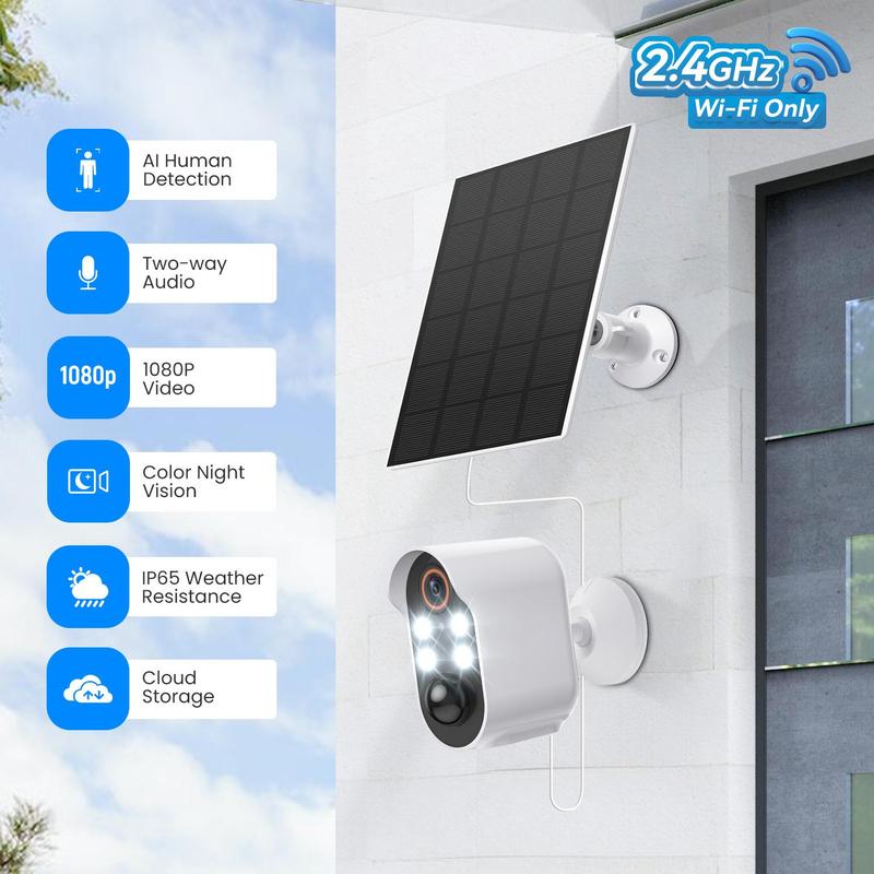 Outdoor Solar Power Security Camera, Wireless Security Camera with Night Vision, AI Human Detection, Household Surveillance Camera with 2-Way Audio & Cloud Storage for Home