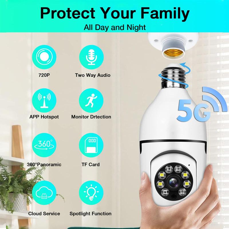 5G WiFi Remote Surveillance Camera, E27 Socket Security Camera with TF Card, 360-Degree Panoramic Camera for Home, Office, Factory Monitoring