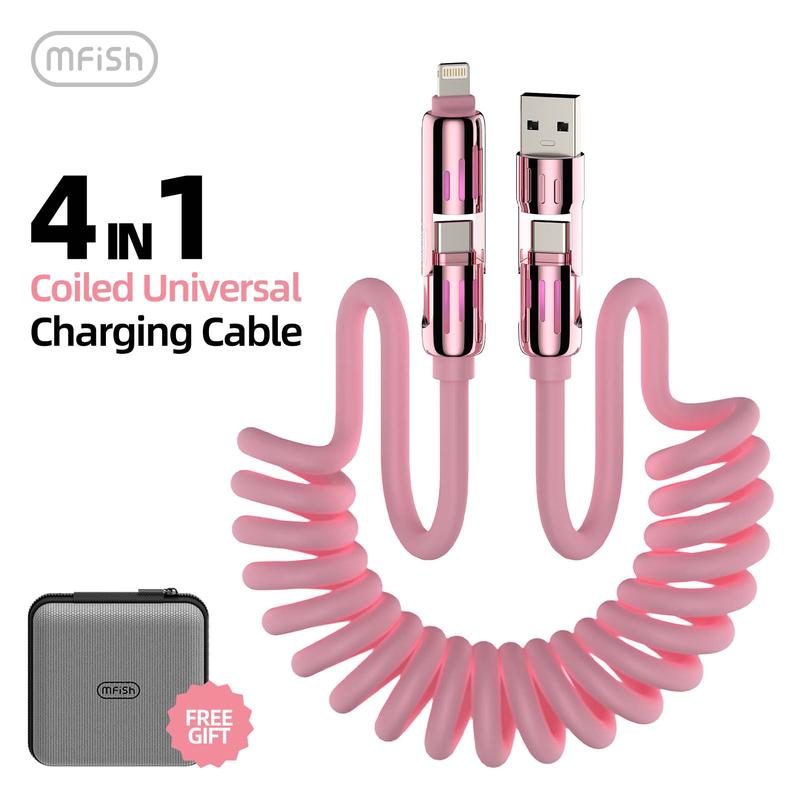 MFish 4-in-1 Coiled Universal USB Charger Cable ️-240W Fast Charging & Data Sync for iPhone 16 15, iPad Pro, Samsung & Laptops Smartphone Cellphone