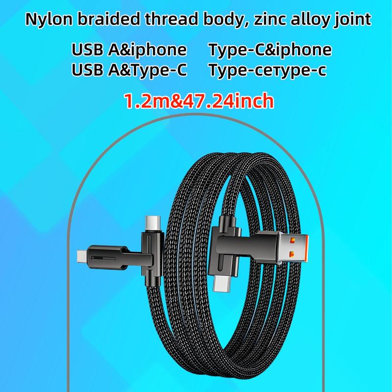 4 In 1 Nylon Braided Fast Charging Cable, 1.2M Rotatable Switching Joint Data Cable, Multifunctional Phone Charging Cable For Home & Office