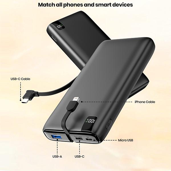 Power Bank 27000mAh with Built in Cables, 22.5W USB C Portable Charger Fast Charging Power Bank, 4 Outputs 2 Inputs External Battery Pack Phone Charger Compatible with iPhone, Samsung, Tablets, Halloween Gifts