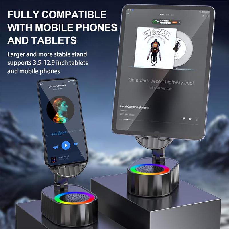 AKLLCCR Wireless Induction Audio Bluetooth Speaker 5in1 Phone Holder Emergency Rechargeable (3000mAh) Portable Power Tablet Stand With Colorful Ambient Light 300° Foldable for iPhone Android Non-Slip Base, Unique Cool Gadget Tech Gifts For friend, family