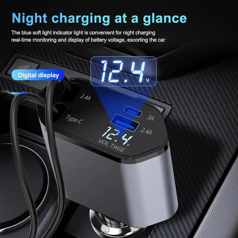 Portable Charger for Car, USB PD Retractable Car Charger for iPhone Android, Multi-functional Car Phone Charger with Digital Display, 4 In 1 Car Charger, Car Charging Station with Retractable Cable, Universal Car Charger